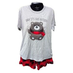 NWT Womens Pajama Set M Top Shorts Embroidered Fuzzy Fleece 3-D Bear Plaid Cabin
